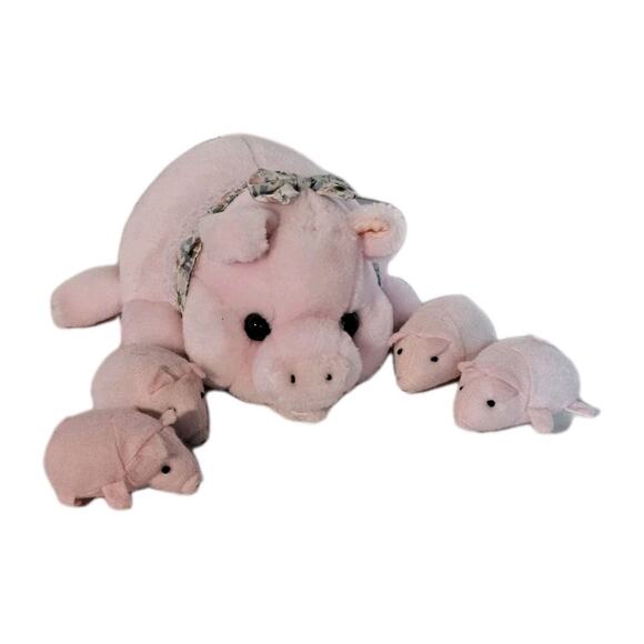 Vintage Stuff Plush Mama Pig And 4 Stuffed Animal Piglets Zippered Tummy Pouch - Picture 1 of 12